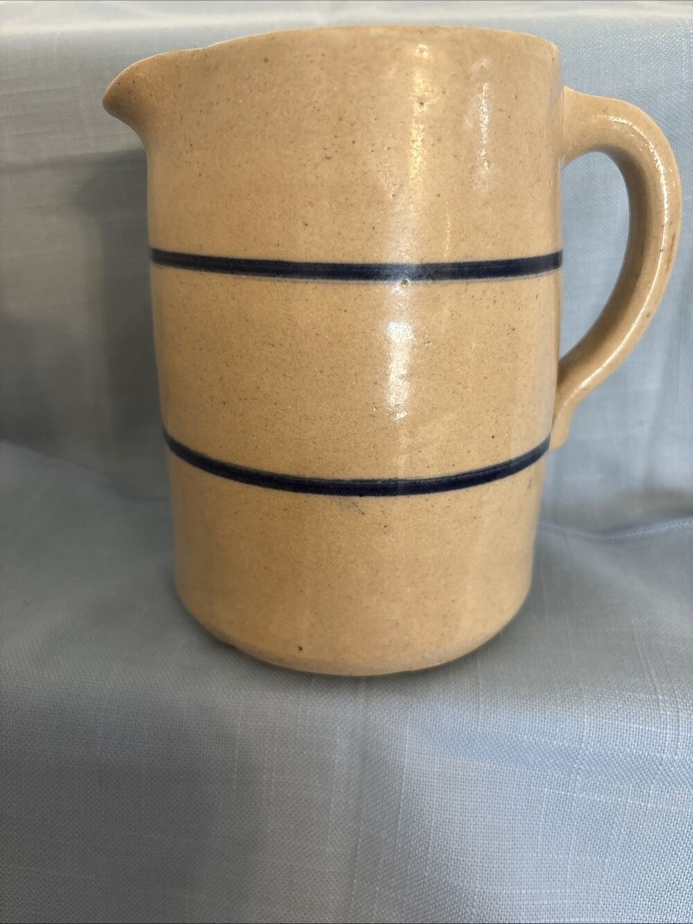 Antique Stoneware Pitcher Beige W/ Blue Stripe Rustic Farmhouse Decor Heavy